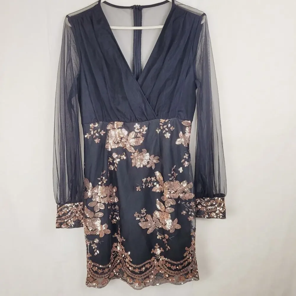 Shein black and gold floral sequined sheer sleeve dress Size medium Fairy Glam